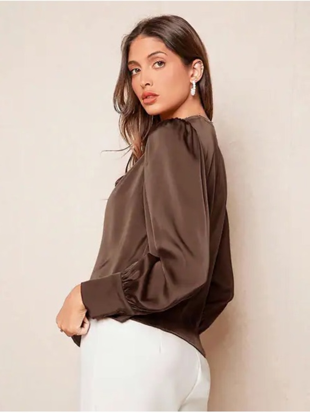 Satin Puff-Shoulder Blouse in Chocolate Brown